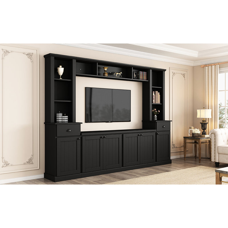 Meuble télé compatible avec téléviseur 75 pouces, noir, avec rangement polyvalent et tablettes réglables en hauteur, finition noire.
