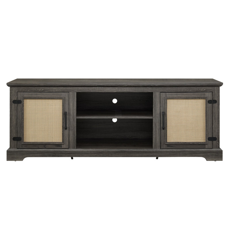 Farmhouse Rattan TV Stand Console Table For Tvs Up To 70 Inches, TV Console Table With 2 Storage Shelves, 2 Natural Rattan Door Cabinets, 65"W*15.55"D*23.86"H, Gray