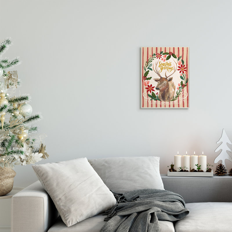 Portrait de rennes doux avec couronne de fêtes Seasons Greetings, Bois, H 15 po x l 10 po