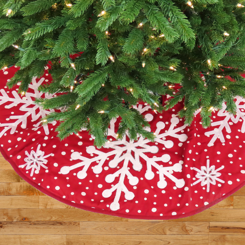 52" Red Tree Skirt with Snowflake Embroidery and White Dots