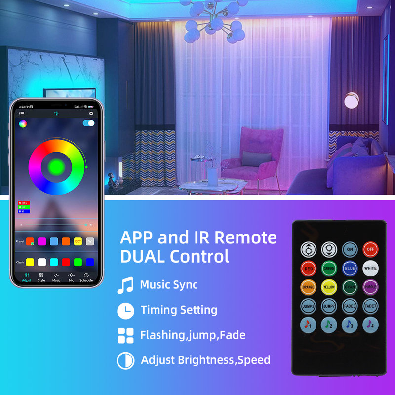 Bande lumineuse à DEL RVB RVB, changement de couleur de synchro de musique de 13,2 pi, contrôle de l'application avec batterie rechargeable