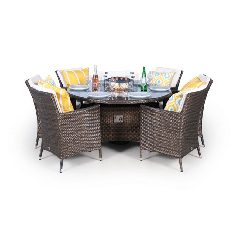 Paquette 6 - Person Wicker Patio Dining Set with Round Table , Cushions Included, Beige, Brown