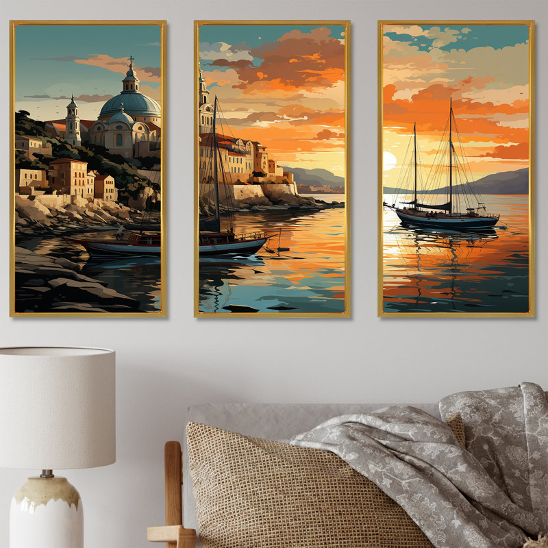 «Italian Hidden Gems Coastline Sunset I - Italie», art mural paysage, Cadre flottant doré, H 32 po x l 48 po x P 1 po