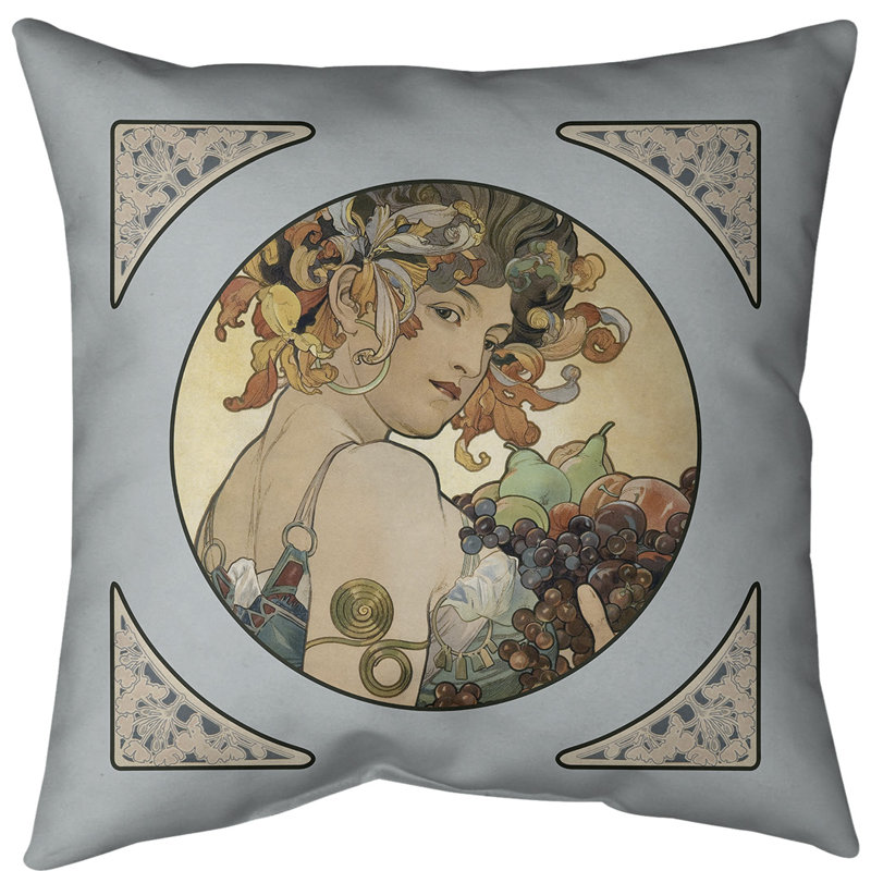 Insert de coussin décoratif à motif de fruits Alphonse Mucha, 20 po x 20 po, Blanc cassé, Duvet synthétique