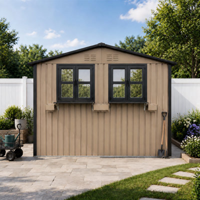 9' x 6' Outdoor Metal Storage Shed with Windows, Flower Box Rack and Lockable Double Doors