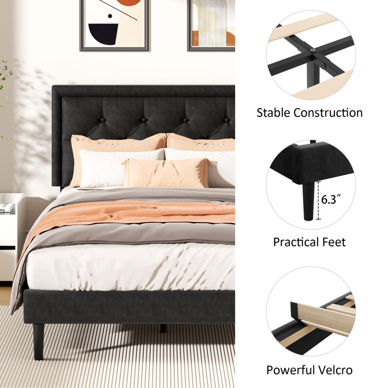 Mauriciu Platform Bed Frame with Button Tufted Headboard and Wooden Slats Support, Full, Black