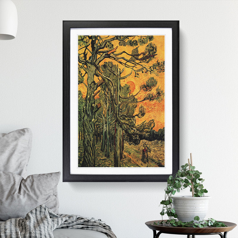 Pine Trees Against a Red Sky by Vincent Van Gogh - Picture Frame Painting, Black Framed, 48cm H x 36cm W x 2cm D