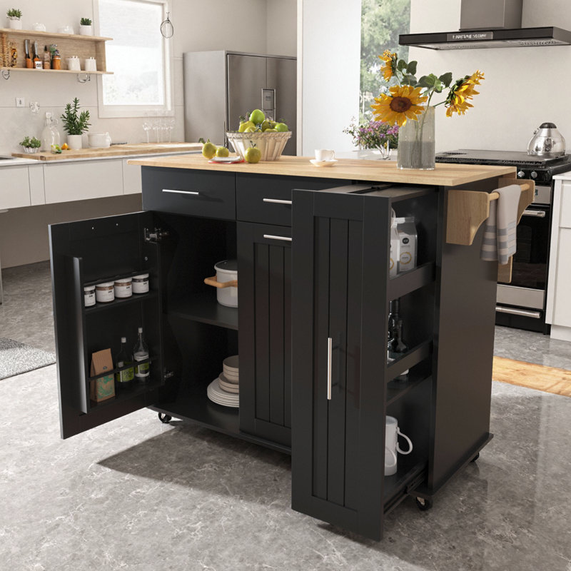 Storage-Rich White Kitchen Island Cart with Drop Leaf & 3-Tier Pull-Out Organizer, Black