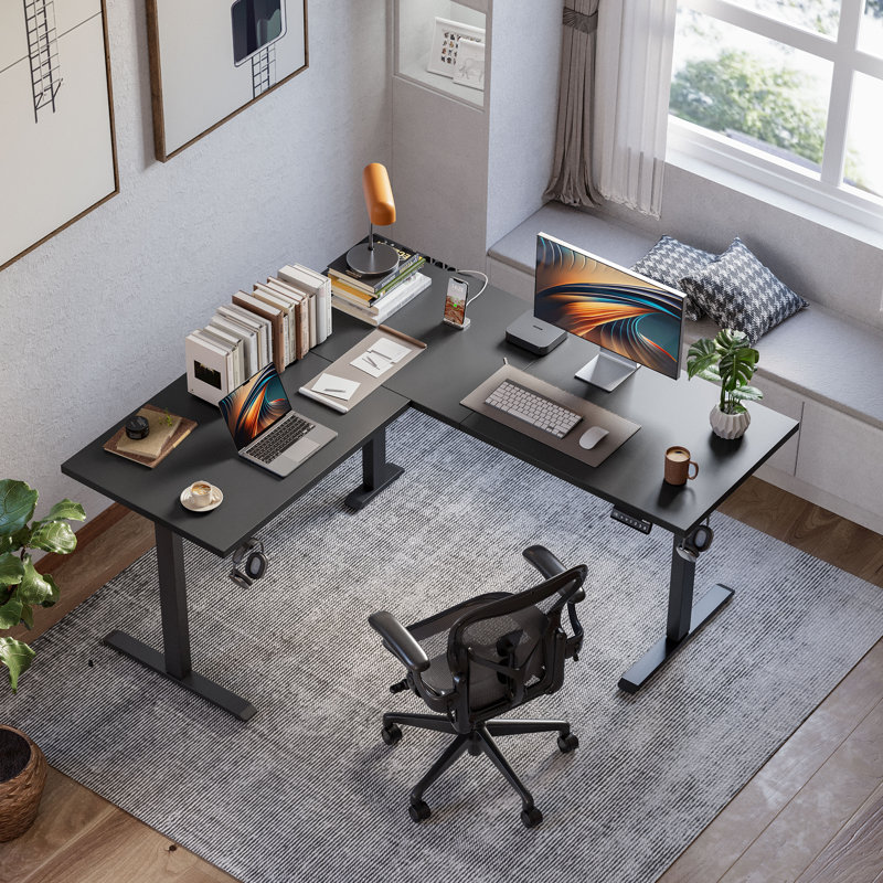  Bureau pour travailler debout réglable en forme de L de 55 po avec crochet pour écouteurs pour bureau personnel, bureau avec contrôleur de mémoire, facile à assembler
