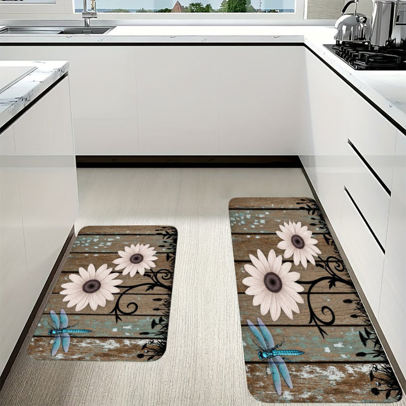 Marguerite blanche avec libellule, ensemble de 2 tapis de cuisine