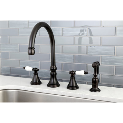 Kingston Brass Governor Double-Handle 4-Hole Widespread Kitchen Faucet with Brass Sprayer