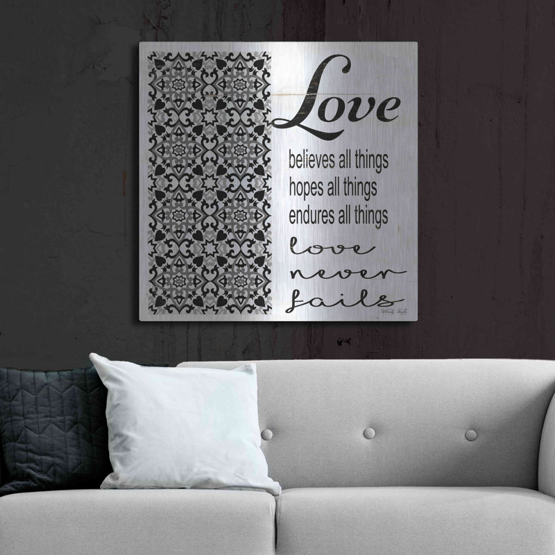 «Love Believes, Hopes, Endures» par Cindy Jacobs, art mural en métal, 36 po x 36 po