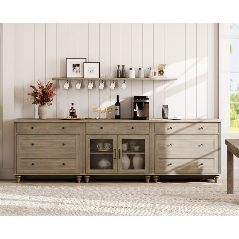 Buffet de style champêtre avec 7 tiroirs et 2 portes vitrées, 257 cm (101 pouces), gris délavé, Wash Grey