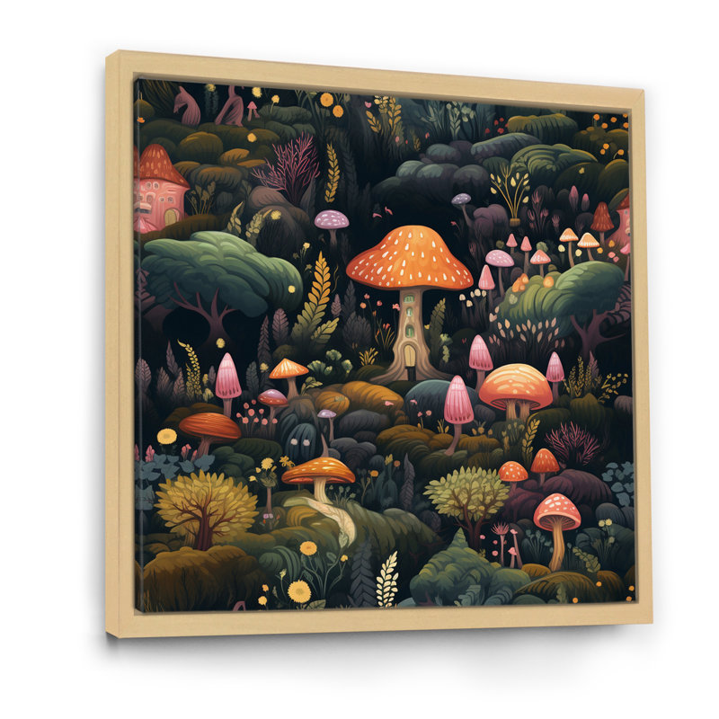 Magical Mushroom Enchanted Forest - Art mural champignon, H 30 po x l 30 po x P 1 po, Cadre flottant brun
