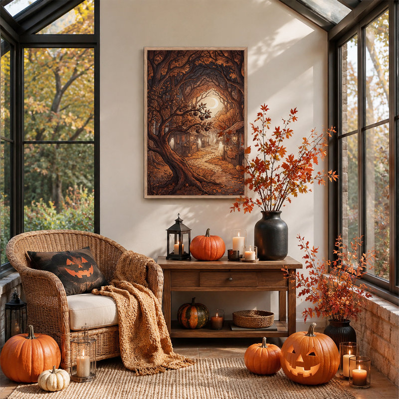 Fantômes au marché forestier d'automne sous un croissant, toile murale d'Halloween, 24"H x 18"W
