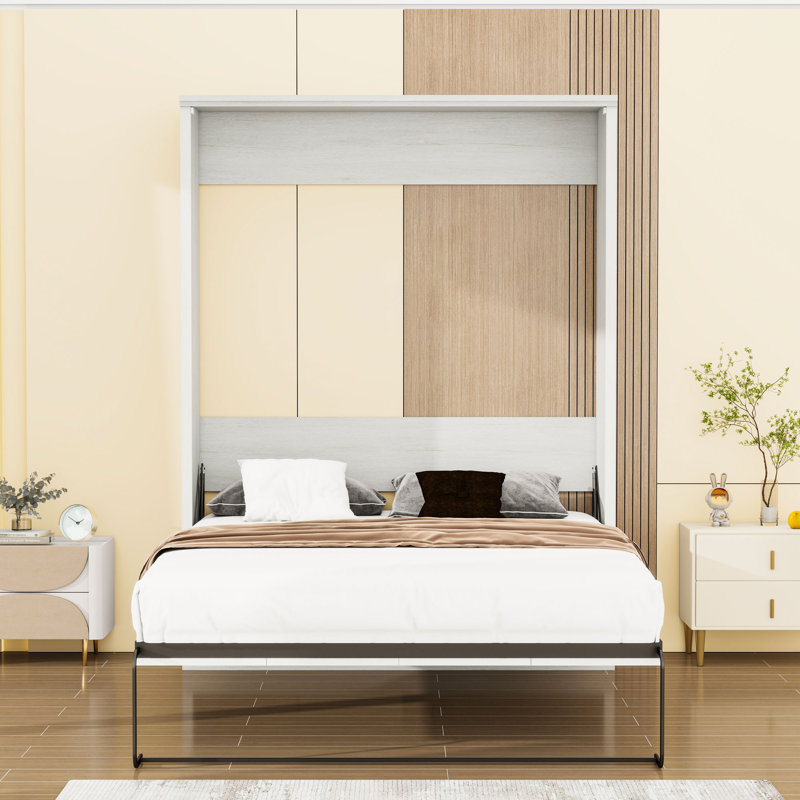 Armoire lit escamotable grand avec système à double piston, Blanc rustique