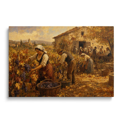 Reproduction d'une peinture sur toile représentant les vendanges - 50 x 75 cm