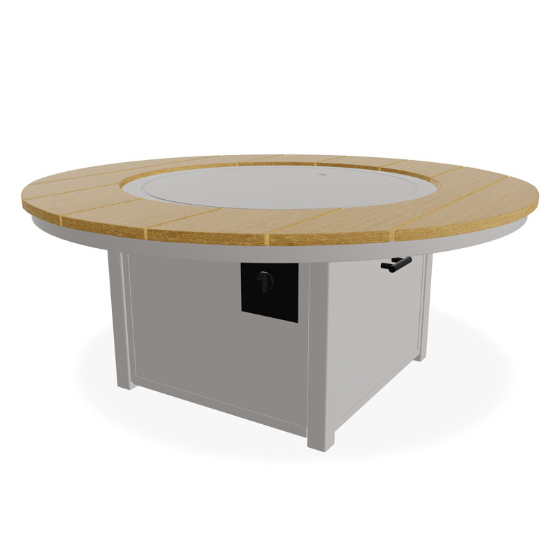 Table de feu 54 po ronde en polymère rustique avec tablette au propane, Gris chaud / teck