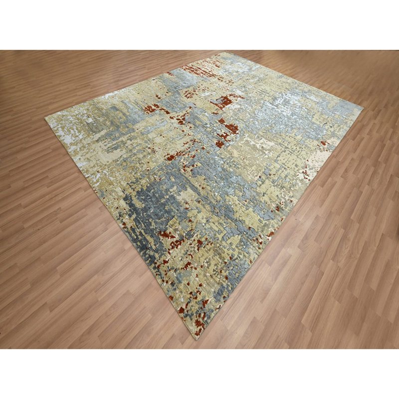 Tapis oriental 8 pi x 10 pi 3 po vert laurier noué à la main avec motif galactique 100% laine noué à la main