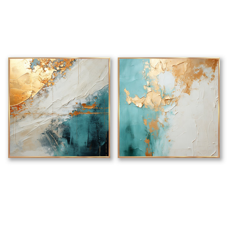 Minimalisme méditation - ensemble de 2 collages carrés de peinture abstraite, Cadre flottant doré, H 36 po x l 73 po