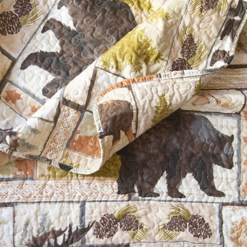 Rustic Brown Microfiber Twin Quilt Set with Wildlife Design