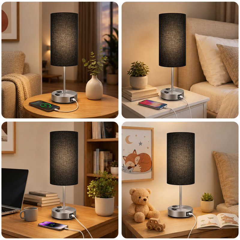 Lampe de table TButton Control, lampe de chevet à intensité variable à 3 voies avec USB-A, USB-C et prise de courant CA, abat-jour en tissu, ampoule incluse, noir, paquet de 1