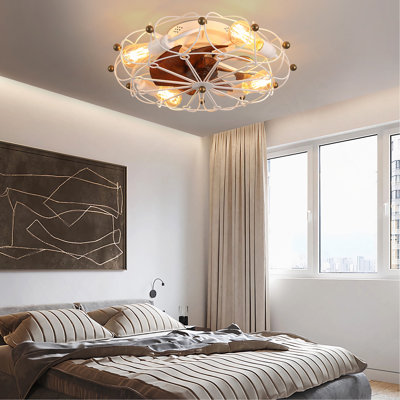 Low Profile Caged Ceiling Fan With Lights Remote Control, Embedded Modern Industrial Ceiling Fan