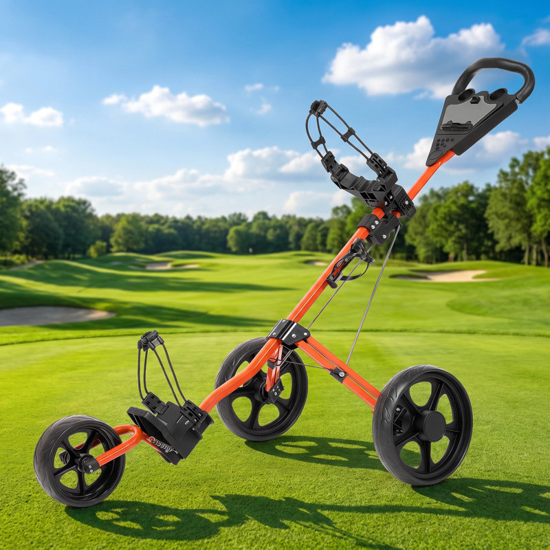 Chariot de golf avec poignée réglable et frein au pied – Conception pliable en 3 étapes, roues fluides de 28 cm, porte-carte de pointage, porte-gobelet et boîte de rangement pour le terrain de golf