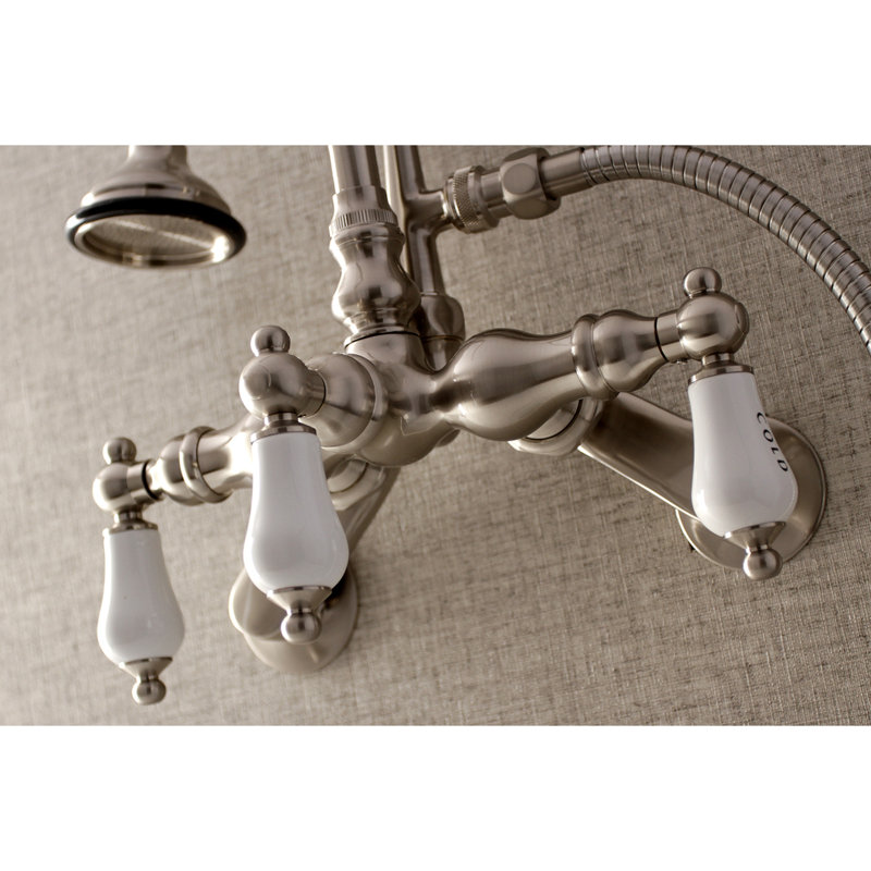 Kingston Brass Aqua Vintage Three-Handle 2-Hole Tub Wall Mount Clawfoot Tub Faucet with Hand Shower