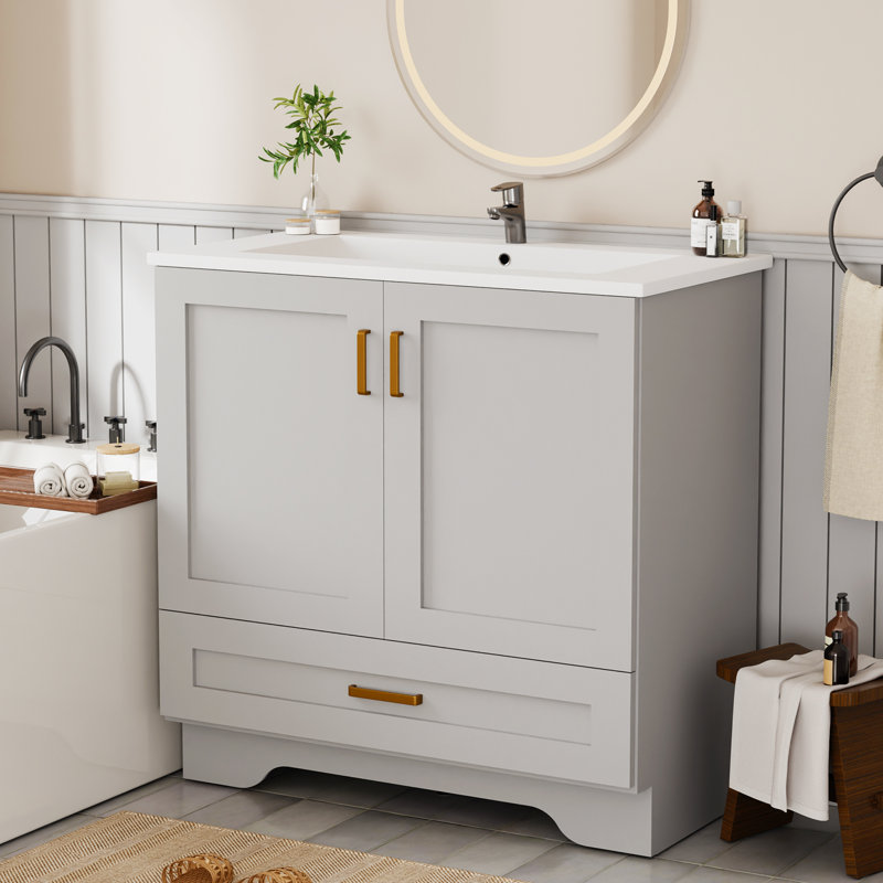 Meuble-lavabo autoportant avec 2 portes et 1 tiroir, poignée en métal, gris 36 po, Gris, 36"