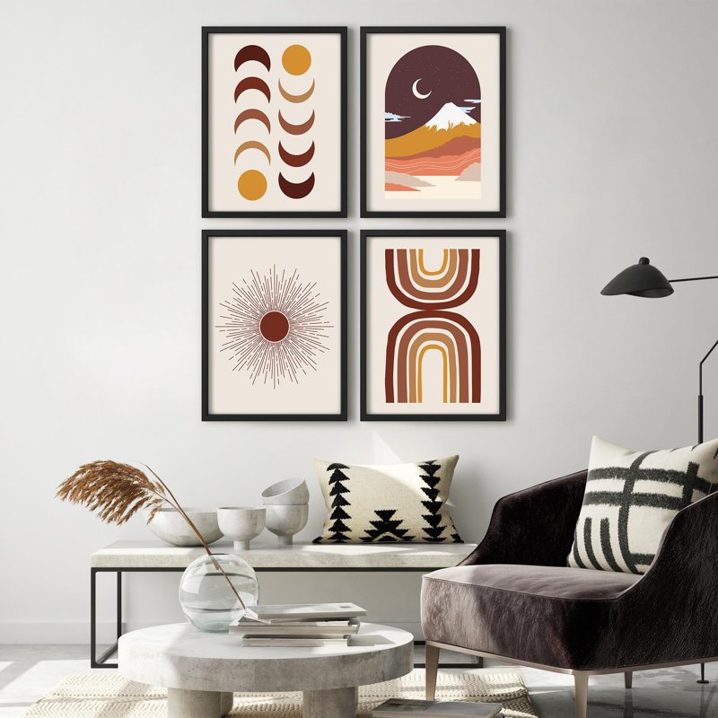 "Boho Moon Phases And Mountain Illustration Relax", 4 pièces, Blanc, H 10 po x l 8 po