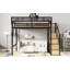 Lit mezzanine en métal avec escalier, tablettes de rangement et garde-robe attachée, pratique pour tous les âges