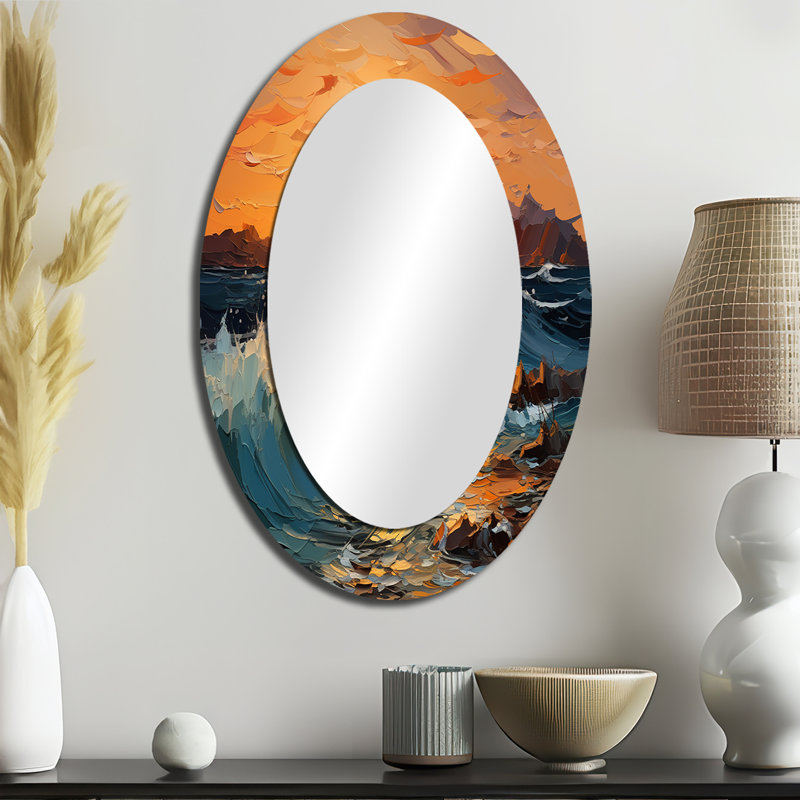 Abstrait lyrique orange sarcelle Lyrical Sunset - miroir mural ovale moderne orange, 36 po x 24 po