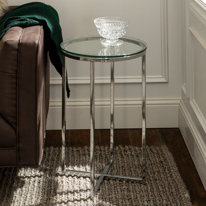 Leverette Glass Top Cross Legs End Table, Glass/Chrome