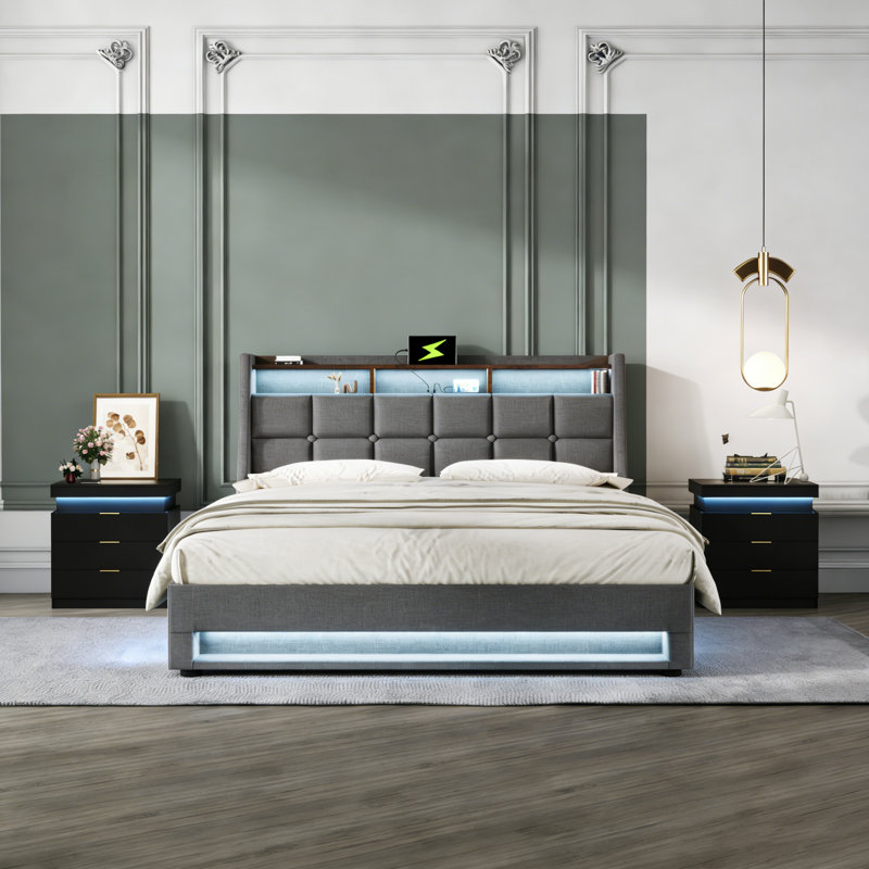 3-Piece Bedroom Set ,Upholstered Platform Bed With A Hydraulic Storage System , LED ,USB Charging And 2 LED Nightstand, Full