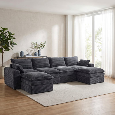 Canapé d'angle modulaire compressé avec méridienne et pouf, canapé rembourré surdimensionné avec assise profonde pour salon