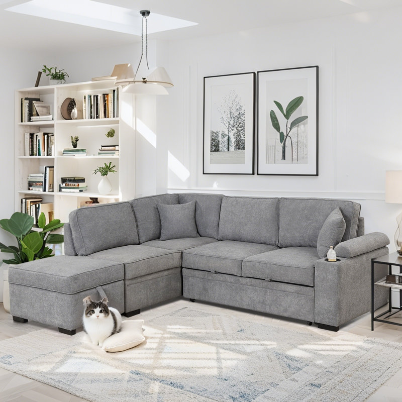 L-Shaped Sleeper Sofa with Storage Ottoman, 2-in-1 for Small Spaces, Gray