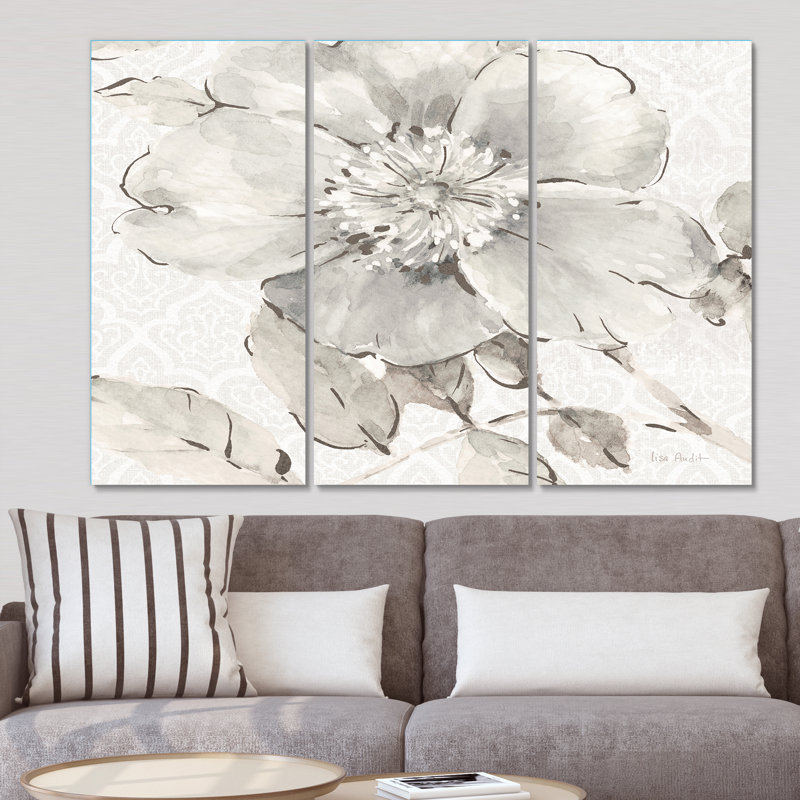 Campagne’indigold gris pivoines ii', reproduction d’image multi-pièces sur toile tendue, H 40 po x l 60 po x P 1 po