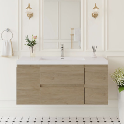 Ensemble de meuble-lavabo mural moderne 48 po avec plateau en résine intégré, 2 armoires, 2 tiroirs à fermeture en douceur et assemblage complet