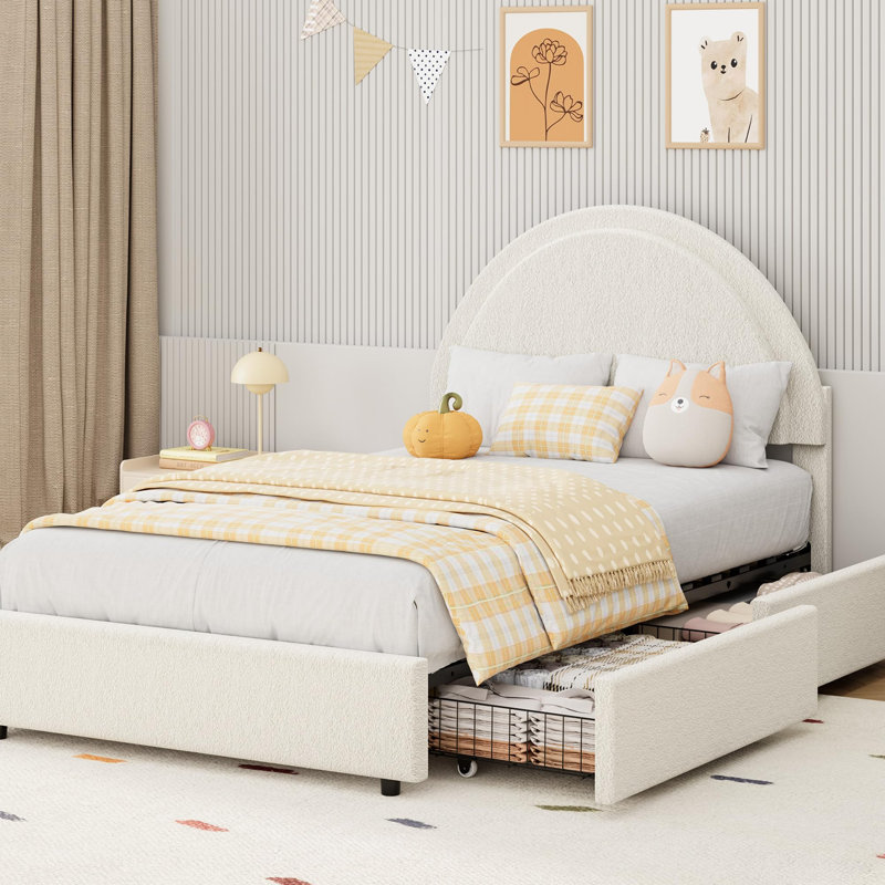 Structure de lit avec tiroirs de rangement, lit plateforme tapissier Boucle avec tête de lit ronde, robuste, Beige