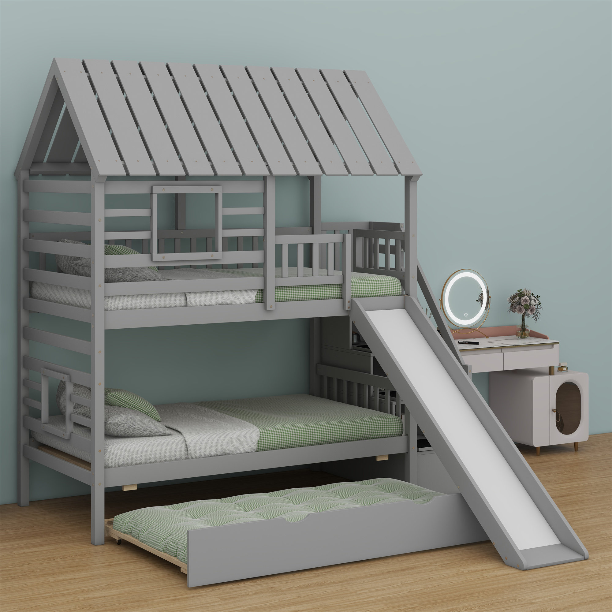 Harper Orchard House Bunk Bed With Trundle And Slide, Storage Staircase ...