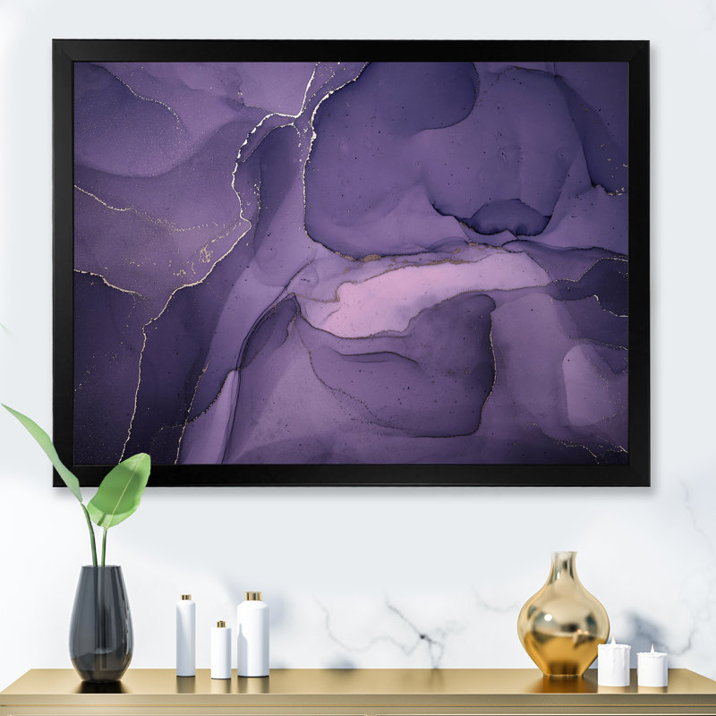 «Mauve et gris», nuages d'encre de marbre II - peinture sur toile, H 24 po x l 32 po x P 1 po, Cadre photo noir