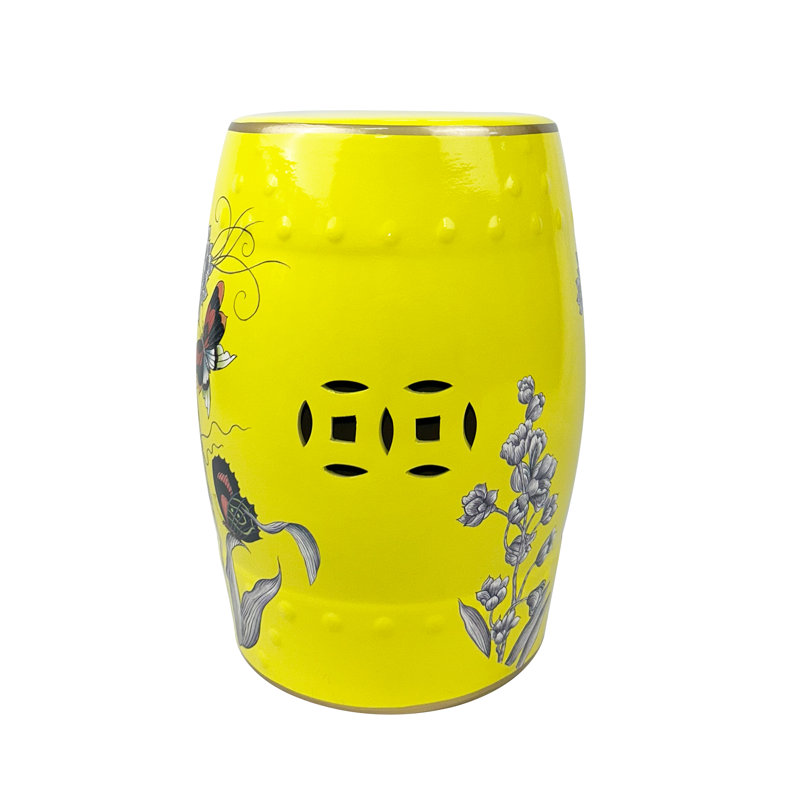 Tabouret en céramique fleur et oiseau, Jaune