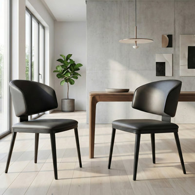 Set of 2 Modern Dining Chairs, Black PU Leather Upholstered Armless Chairs with Metal Legs