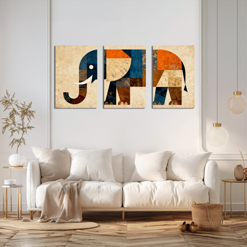 Éléphant géométrique, reproduction d'art sur toile, ensemble abstrait (ensemble de 3), H 18 po x l 36 po