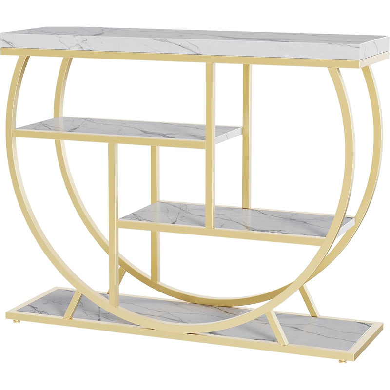 39 in Modern Console Table for Entryway. 4 Tier Faux Marble Hallway Table with Storage & Semi-Circular Metal Frame. Narrow  Furniture for Living Room. Apartment. Behind Sofa. White