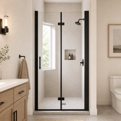 Porte de douche pliante l 32 po x H 72 po, verre trempé 1/4 po, noir mat