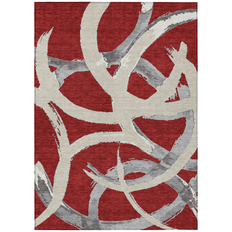 Red Synthetic Rectangular Washable 5' x 7' Area Rug