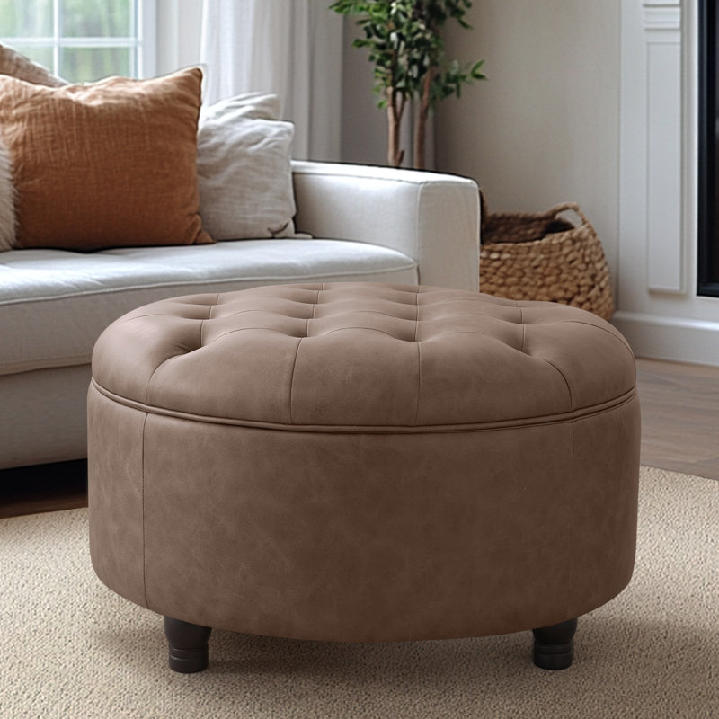 Dimitrika 30'W Faux Leather Tufted Round Storage Ottoman, Brown
