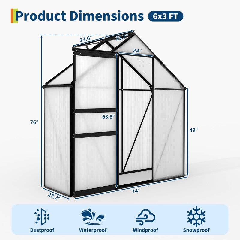 Serre en polycarbonate 6 po x 3 pi avec évent de toit réglable pour jardin de patio, Noir